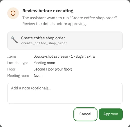 An approval request before a coffee order